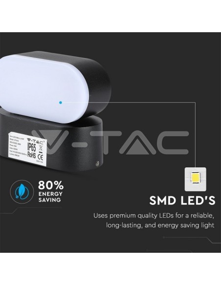 V-TAC VT-816 8289 Lampada LED da Muro Ovale 6W Colore Nero con Testa Ruotabile 4000K IP65