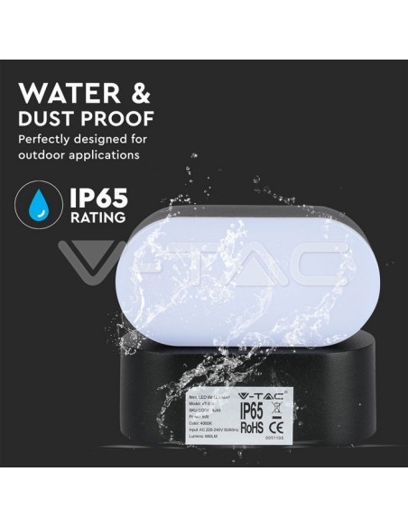 V-TAC VT-816 8289 Lampe murale ovale à LED 6W noire avec tête rotative 4000K IP65