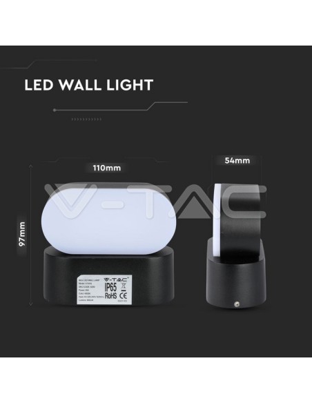V-TAC VT-816 8289 Oval LED Wall Lamp 6W Black with Rotatable Head 4000K IP65
