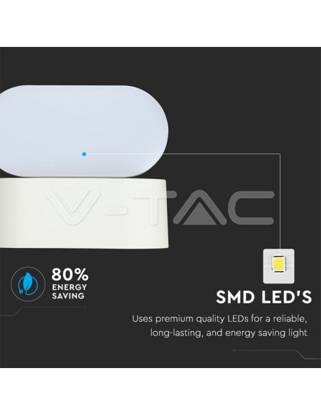 V-TAC VT-816 8286 Lámpara LED de pared ovalada 6W blanca con cabeza giratoria 3000K IP65