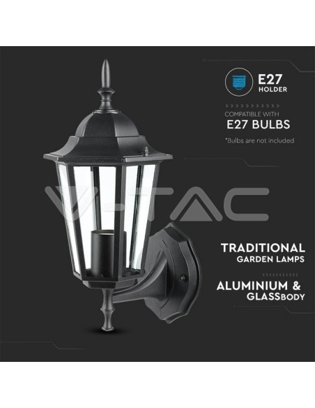 V-TAC VT-749 7066 LED Lantaarn Wandlamp met E27 Lamphouder (Max 60W) Opwaartse Lamphouder Zwart Kleur IP44