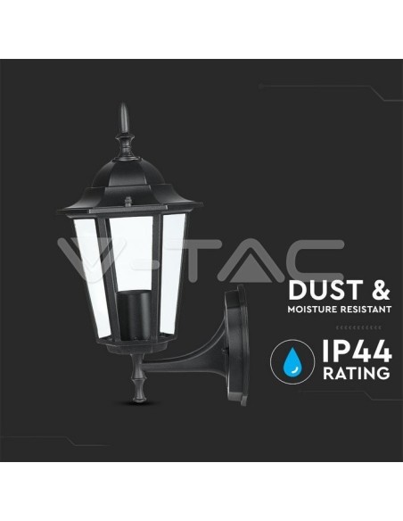 V-TAC VT-749 7066 LED Lantaarn Wandlamp met E27 Lamphouder (Max 60W) Opwaartse Lamphouder Zwart Kleur IP44