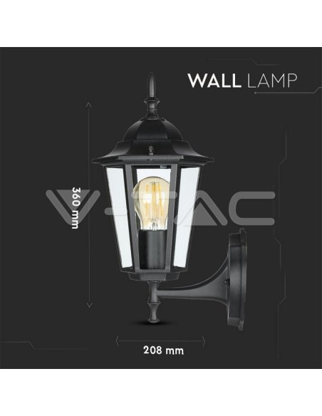 V-TAC VT-749 7066 LED Lantern Wall Lamp with E27 Lampholder (Max 60W) Upright Black IP44