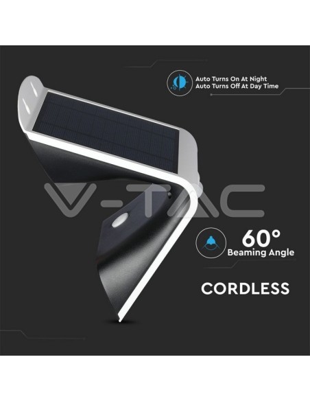 V-TAC VT-768 7528 Solar LED Battery Wall Lamp 3W 30LED with PIR Sensor Colour Black 3000K+4000K IP65