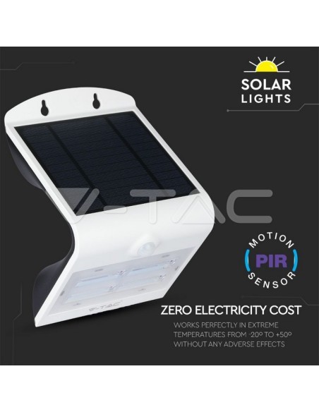 V-TAC VT-768 7528 Lampada LED Solare da Muro a Batteria 3W 30LED con Sensore PIR Colore Nero 3000K+4000K IP65
