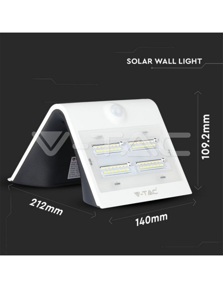 V-TAC VT-768 7528 Lámpara de pared solar LED de 3W 30LED con sensor PIR Color Negro 3000K+4000K IP65