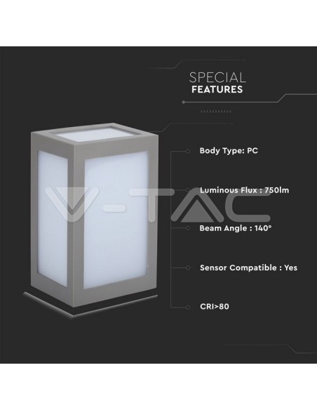 V-TAC VT-822 8339 Lanterne murale LED 12W Couleur Gris 6400K IP65