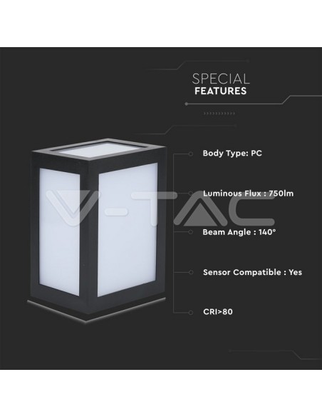 V-TAC VT-822 8342 LED Lantern Wall Lamp 12W Colour Black 6400K IP65