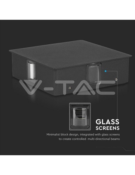 V-TAC VT-704 8211 4W Vierkante LED Wandlamp Zwart Kleur 3000K IP65