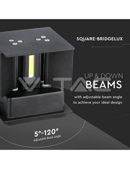 V-TAC VT-759-12 8529 Square LED Wall Lamp Double LED COB 12W Satin Black Colour Adjustable Light Beam 3000K IP65