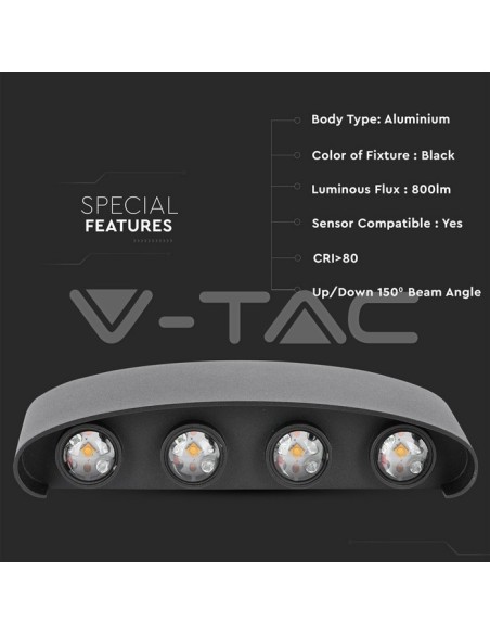 V-TAC VT-848 8620 Applique LED da Muro 8W Doppio Fascio Luminoso Corpo Nero 4000K IP54