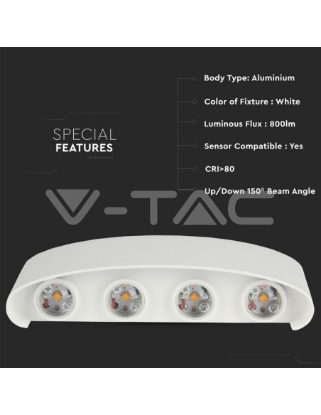 V-TAC VT-848 8617 LED Wall Light 8W Dual Light Beam Sand Body 3000K White IP54