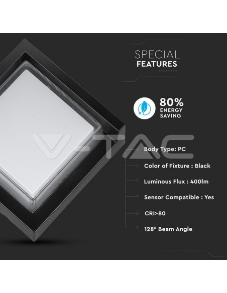 V-TAC VT-831 8610 6W Vierkante LED Wandlamp met Half-afgedekte Diffuser Zwart Kleur 3000K IP65