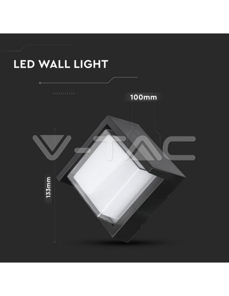 V-TAC VT-831 8610 6W Square LED Wall Light with Semi-Covered Diffuser Black Colour 3000K IP65