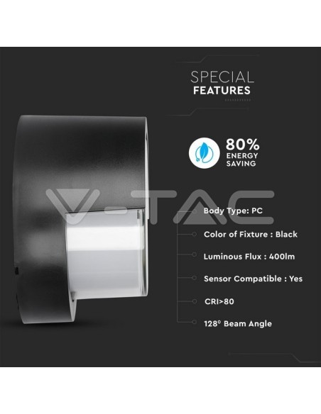 V-TAC VT-831 8609 Lampada LED da Muro Rotonda 6W con Diffusore Semicoperto Colore Nero 3000K IP65