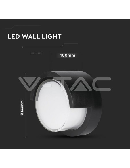 V-TAC VT-831 8609 Lampada LED da Muro Rotonda 6W con Diffusore Semicoperto Colore Nero 3000K IP65