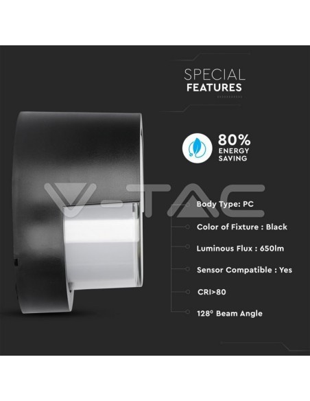 V-TAC VT-827 8538 12W Ronde LED Wandlamp met Half-afgedekte Diffuser Zwart Kleur 4000K IP65