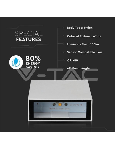 V-TAC VT-844 8560 Lampe murale rectangulaire LED 4W couleur blanche 3000K IP65