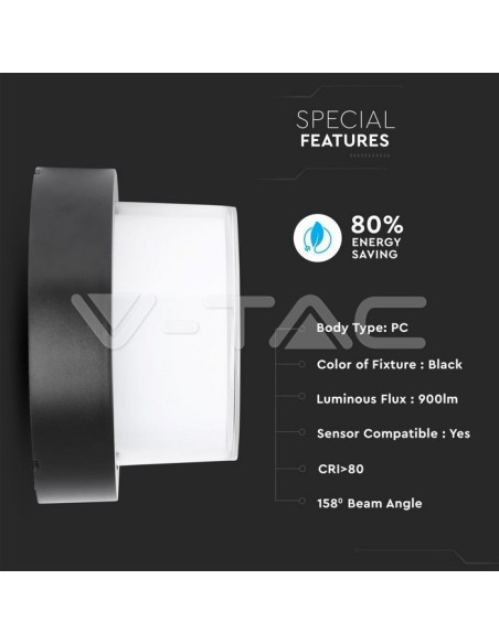 V-TAC VT-828 8541 Lámpara LED de pared redonda 12W Color Negro 3000K IP65