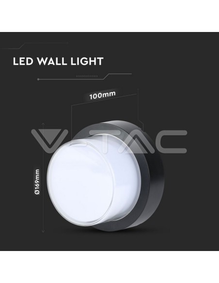 V-TAC VT-828 8541 Lámpara LED de pared redonda 12W Color Negro 3000K IP65