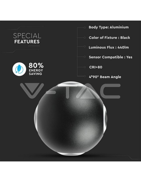 V-TAC VT-834 8554 Applique sphérique à 4 LED COB 4W Couleur Noir 4000K IP65