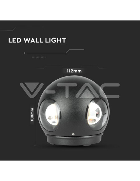 V-TAC VT-834 8554 Lámpara de pared esférica 4 LED COB 4W Color Negro 4000K IP65
