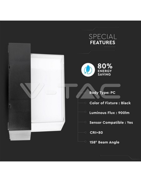 V-TAC VT-828 8544 Lampada LED da Muro Quadrata 12W Colore Nero 4000K IP65