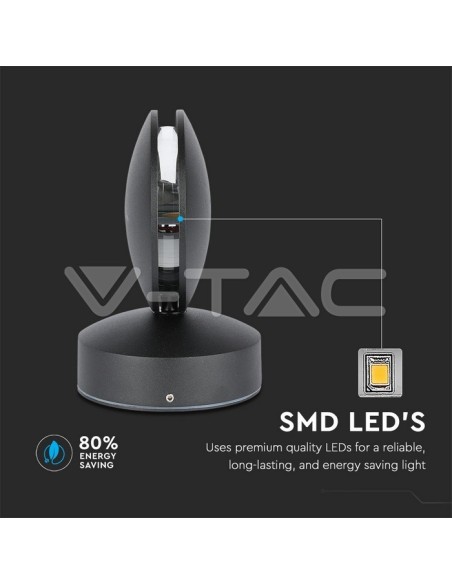 V-TAC VT-707 8220 Lámpara LED de pared redonda 7W 360° Haz de luz Negro 4000K IP65