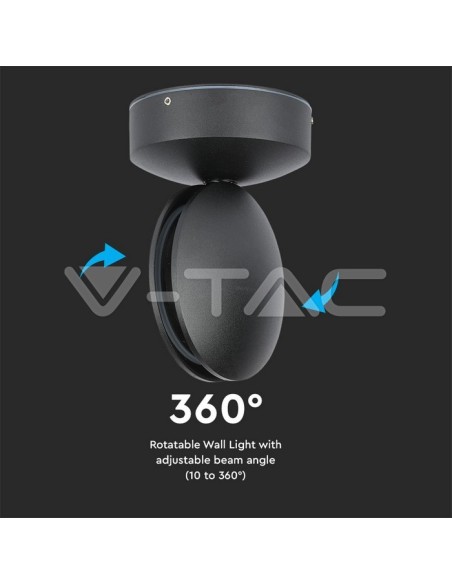 V-TAC VT-707 8220 Lampada LED da Muro Arrotondata 7W Fascio Luminoso a 360° Colore Nero 4000K IP65
