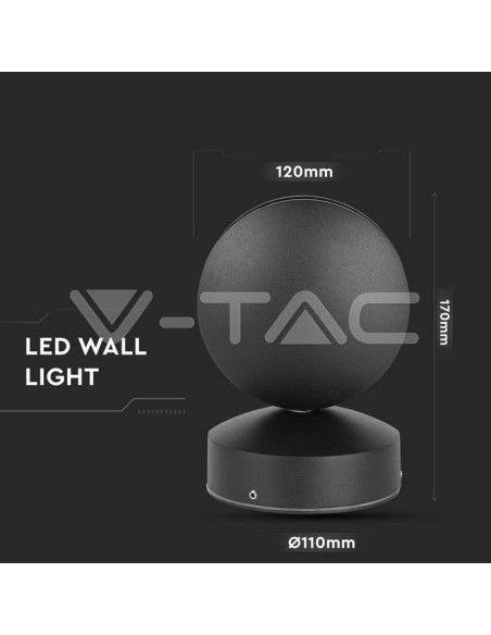 V-TAC VT-707 8220 LED Ronde Wandlamp 7W 360° Beam Light Zwart 4000K IP65