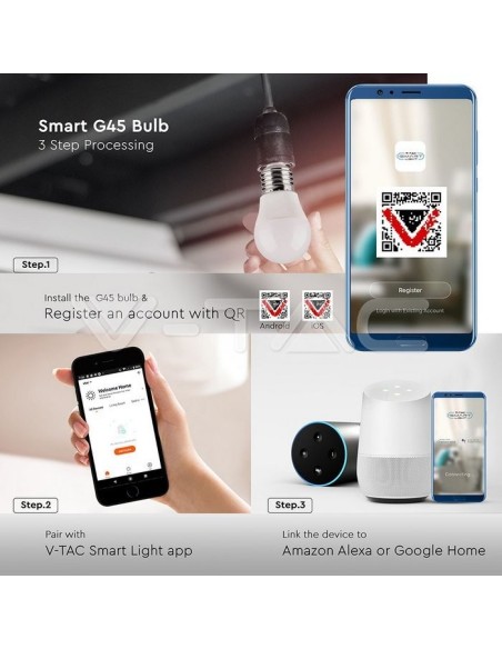 V-TAC SMART HOME VT-5124 2755 Bombilla LED E27 5W G45 Compatible con Google Home y Amazon Alexa a través de V-Tac Smart App