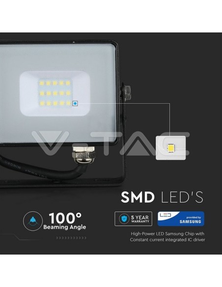 V-TAC PRO VT-10 LED Strahler SMD Chip Samsung 10W Farbe Schwarz IP65