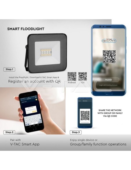 V-TAC VT-5020 5985 20W SMD LED RGB Bluetooth 3-in-1 Dimmable Black App Control LED Spotlight