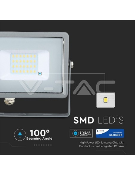 V-TAC PRO VT-20 Faro LED SMD Chip Samsung 20W Colore Grigio IP65