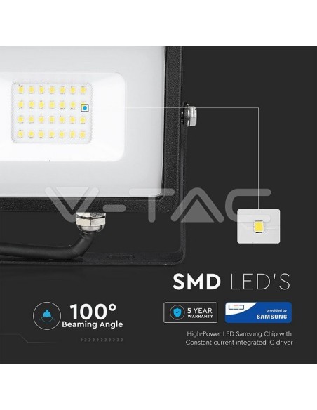 V-TAC PRO VT-20 Projecteur LED SMD Chip Samsung 20W Couleur Noir IP65