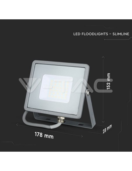 V-TAC PRO VT-30 Projecteur LED SMD Chip Samsung 30W Couleur Gris IP65
