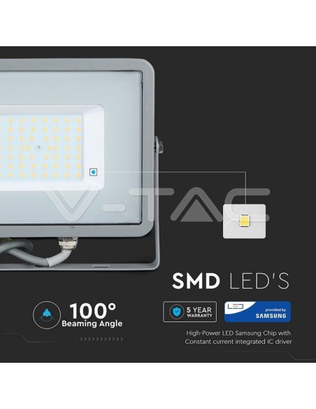 V-TAC PRO VT-50 LED Strahler SMD Chip Samsung 50W Farbe Grau IP65