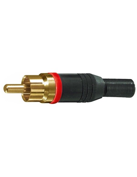 Professionele zwarte RCA-stekker met rode ring en kabelgeleiderveer - Deltron Components
