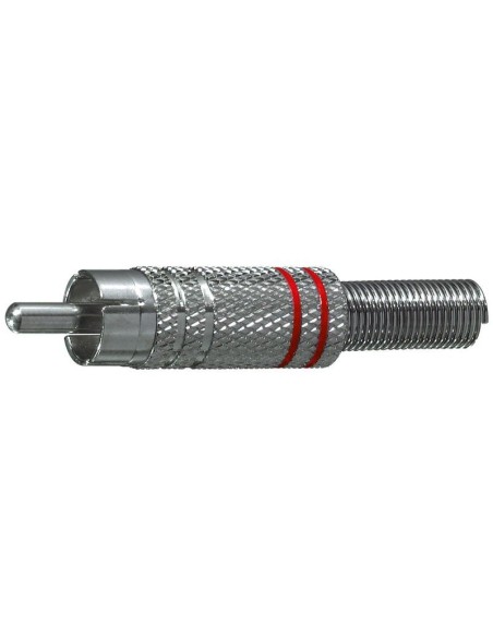 Vernickelter RCA-Stecker mit Kabelführungsfeder - mit roten Ringen
