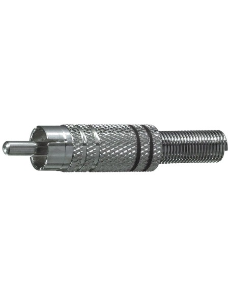 Vernickelter RCA-Stecker mit Kabelführungsfeder - mit schwarzen Ringen