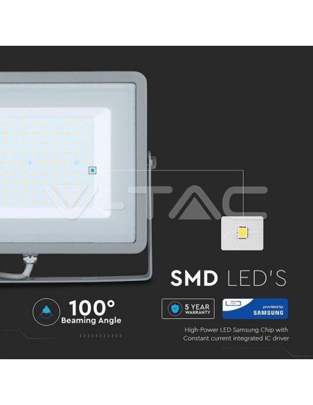 V-TAC PRO VT-100 Faro LED SMD Chip Samsung 100W Colore Grigio IP65