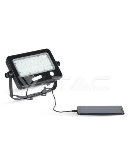 V-TAC VT-788-10 8674 LED Solar Panel Light 10W with PIR Sensor and 5V USB Output 1A Colour Black 4000K IP65