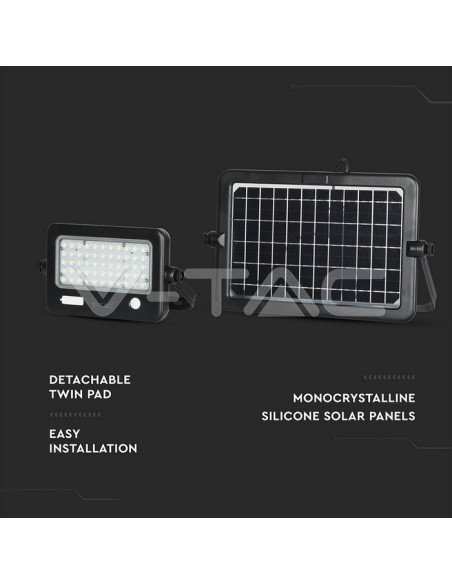 V-TAC VT-788-10 8674 LED Solar Panel Light 10W with PIR Sensor and 5V USB Output 1A Colour Black 4000K IP65