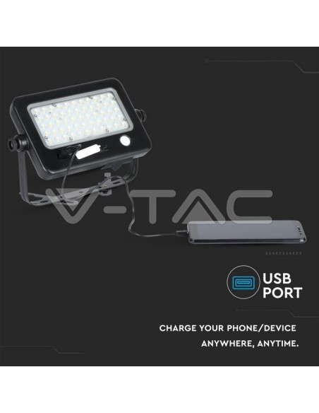V-TAC VT-788-10 8674 LED Solar Paneel Licht 10W met PIR Sensor en 5V USB uitgang 1A Kleur Zwart 4000K IP65
