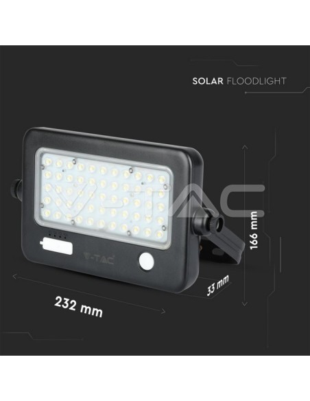 V-TAC VT-788-10 8674 LED-Solarmodulleuchte 10W mit PIR-Sensor und 5V USB-Ausgang 1A Farbe Schwarz 4000K IP65