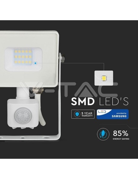 V-TAC PRO VT-10-S Faro LED Chip Samsung 10W Colore Bianco con Sensore di Movimento e Crepuscolare e Interruttore di Bloccaggio 