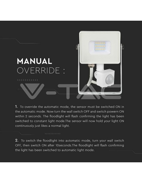 V-TAC PRO VT-10-S Spot LED 10W Samsung Chip Blanc avec détecteur de mouvement et de crépuscule et interrupteur de verrouillage