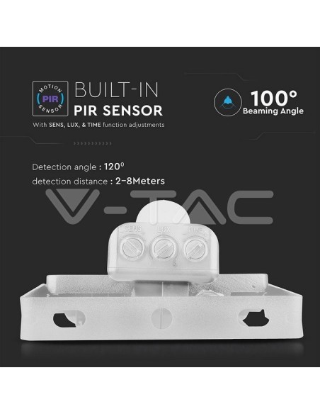 V-TAC PRO VT-10-S 10W Samsung Chip LED Spotlight White with Motion and Twilight Sensor and Locking Switch
