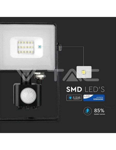 V-TAC PRO VT-10-S Negro 10W Chip LED Foco con sensor de movimiento y crepuscular e interruptor de bloqueo