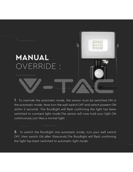 V-TAC PRO VT-10-S Negro 10W Chip LED Foco con sensor de movimiento y crepuscular e interruptor de bloqueo